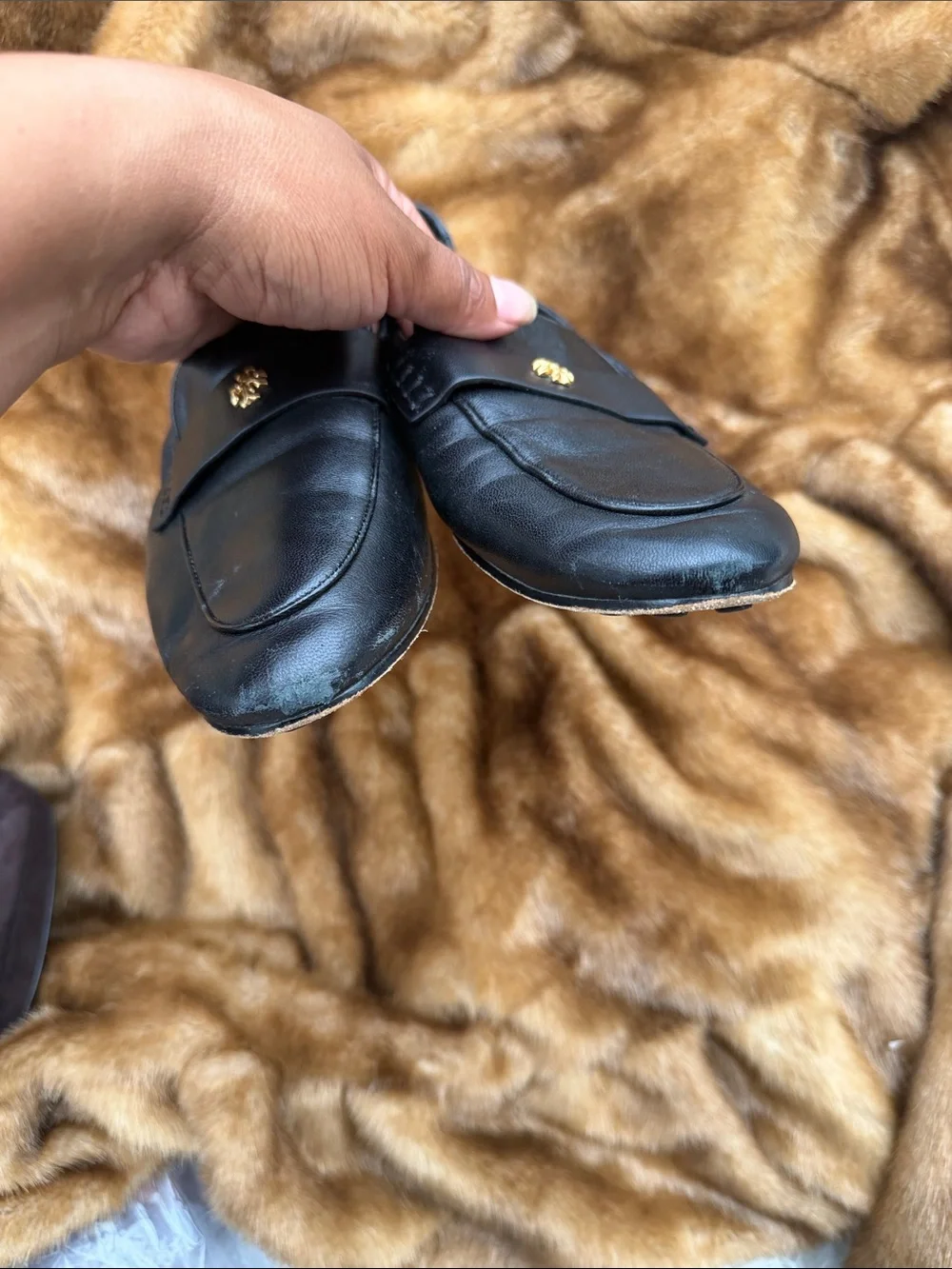 Tory Burch Black Leather Slip-On Loafers with Gold Logo Accent